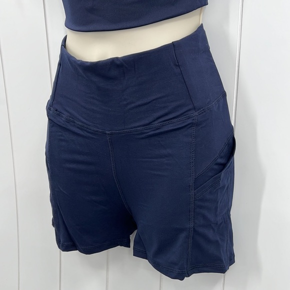 🆕Lydaa Navy Bike Shorts & Sports Bra Set W/Crisscross Mesh Design S,M,L & XL - Picture 3 of 8
